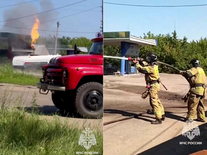 Под непрекращающимися атаками украинских БПЛА пришлось тушить пожар на АЗС в Горловке сотрудникам МЧС ДНР