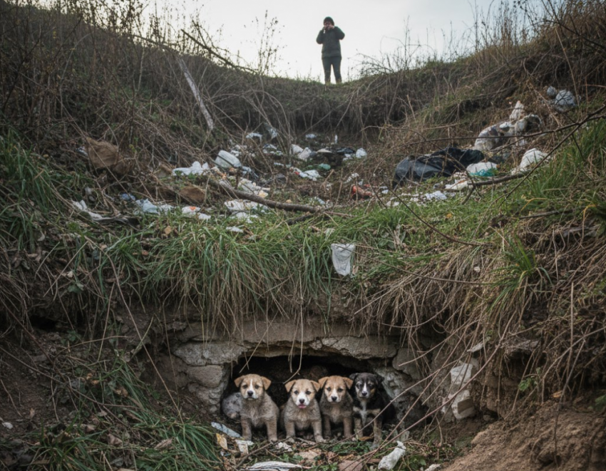 Четверо щенков в опасности: они заперты в котловане в центре Донецка